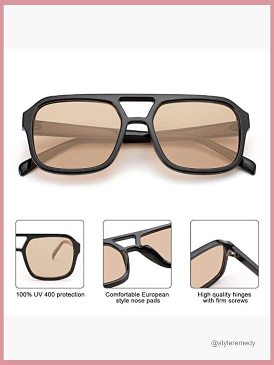 Retro Aviator Sunglasses Classic Vintage Square Frame Double Bridge